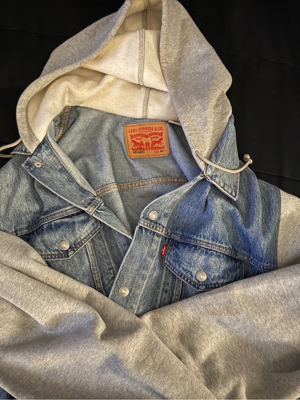 Levi's Blue Denim Jacket with Gray Hooded Sweatshirt Overlay